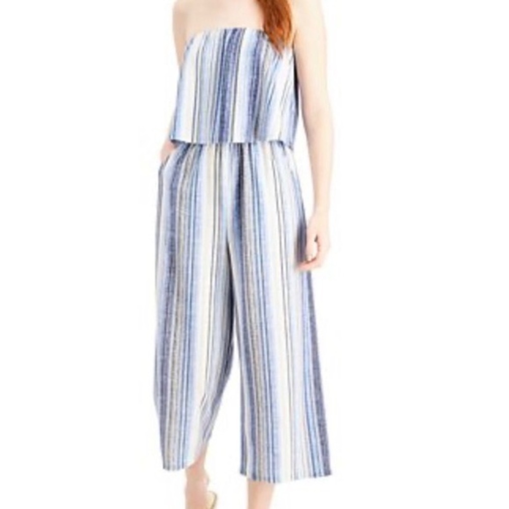 BeBop Blue and White Striped Strapless Popover Jumpsuit with Pockets